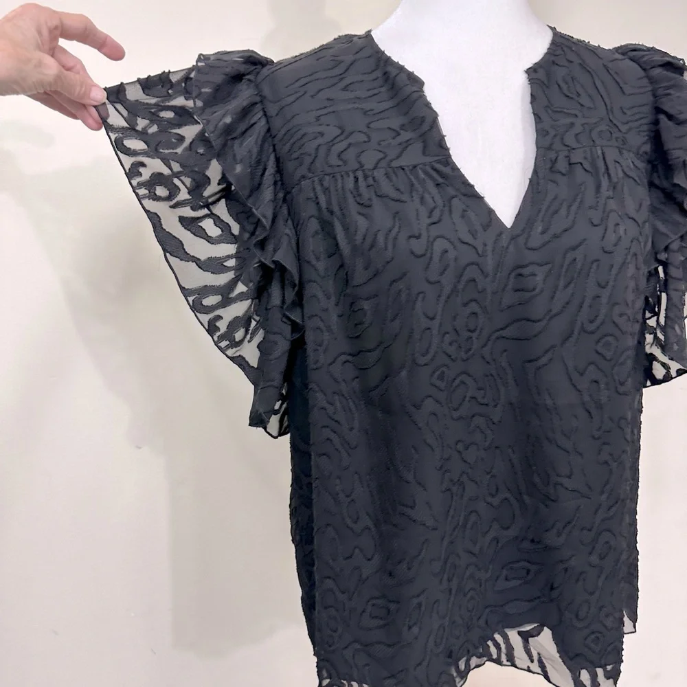 NWOT Anna Cate Black w Lace Overlay Ruffle Sleeves V-Neck Collar Pullover Top M - Picture 7 of 14
